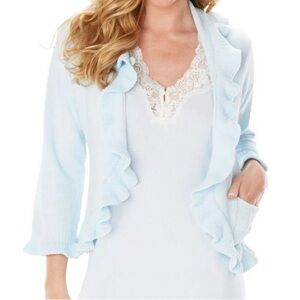 Softies Light Blue Ruffle Chenille Bed Jacket Sweater open front cardigan cozy